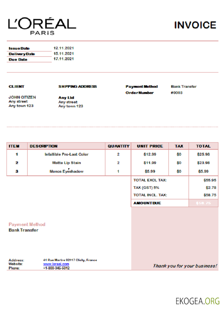 USA Facture L'Oréal Paris